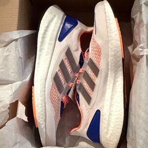 adidas White Sneakers with Blue and Coral Accents